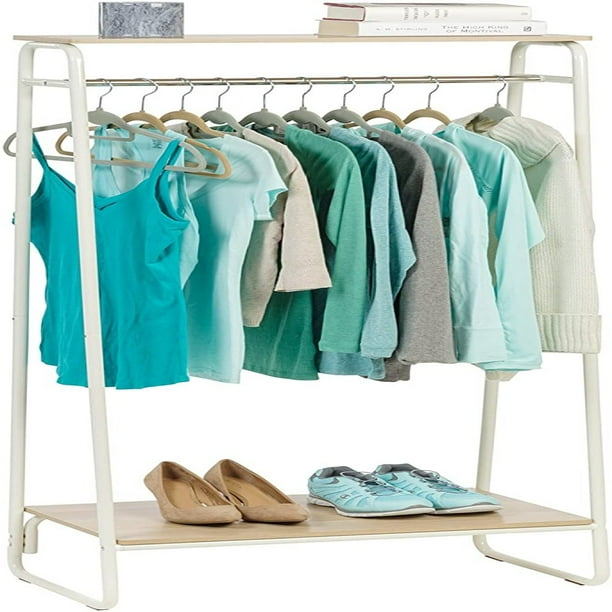 White and Light Brown PI-B2 IRIS USA Metal Garment Rack with 2 Wood Shelves White and Light Brown PI-B2 IRIS USA Metal Garment Rack with 2 Wood Shelves